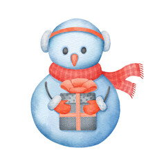 Watercolor snowman with a gift. Cute watercolor Christmas illustration on a white background for textiles and wrapping paper
