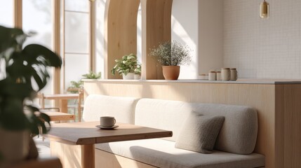 Fototapeta premium Modern and minimalistic interior of a cafe or restaurant. the focal point of the image is a wooden bench with a beige cushion and a wooden coffee table in front of it.