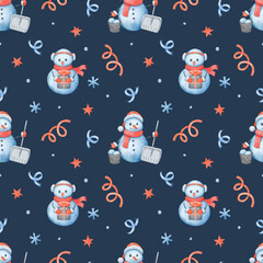 Christmas snowmen. Watercolor seamless pattern with fir trees, snowflakes, and confetti for wrapping paper and textiles