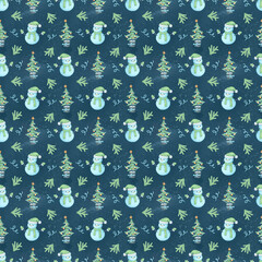 Christmas snowmen. Watercolor seamless pattern with fir trees, snowflakes, and confetti for wrapping paper and textiles