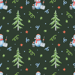 Christmas snowmen. Watercolor seamless pattern with fir trees, snowflakes, and confetti for wrapping paper and textiles