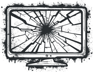 Grunge style vector illustration of a cracked computer monitor with a shattered screen effect for technology concepts