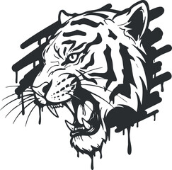 Stylized black and white vector illustration of a tiger's head with dynamic brush strokes for artistic design projects