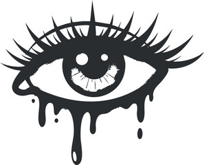 Surreal black and white vector illustration of a whimsical eye with dripping details, ideal for artistic and creative design projects
