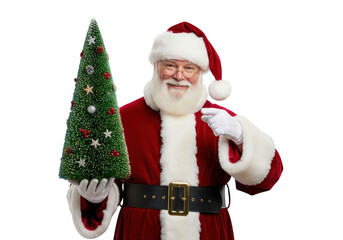 Jolly santa claus wearing traditional red suit and hat holding small decorated christmas tree isolated on transparent background