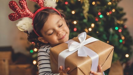 Adorable little girl hugging her Christmas gift with joy and anticipation near a beautifully decorated Christmas tree full of lights bringing holiday cheer