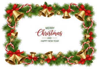 Festive christmas frame border made of green fir branches decorated with golden jingle bells and red ribbon bows, isolated on transparent background