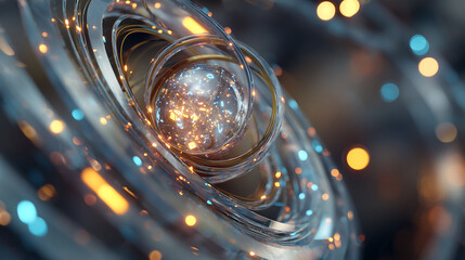 Futuristic abstract glass sphere surrounded by metallic rings