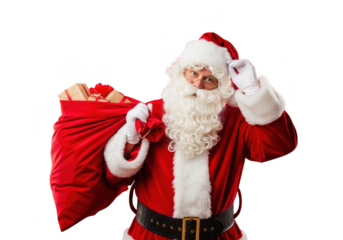 Portrait of santa claus wearing red suit and hat holding a large red sack full of wrapped gift boxes, isolated on transparent background