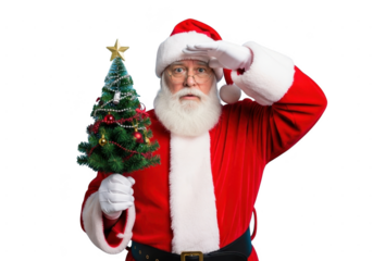Santa claus looking into the distance while holding a small decorated christmas tree isolated on transparent background