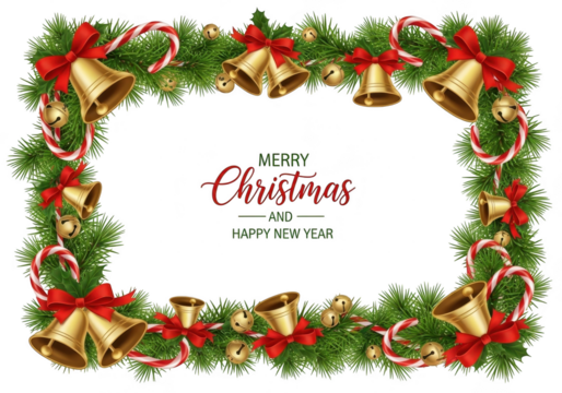 Festive christmas frame border made of green fir branches decorated with golden jingle bells and red ribbon bows, isolated on transparent background