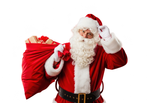 Portrait of santa claus wearing red suit and hat holding a large red sack full of wrapped gift boxes, isolated on transparent background