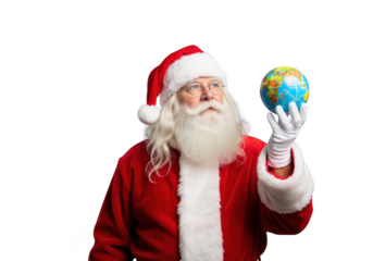 Santa claus holding a small globe in his gloved hand, looking thoughtfully at the world isolated on transparent background