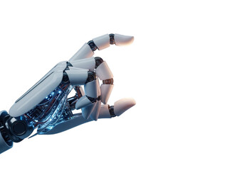 Close up of a futuristic robotic hand with glowing blue internal components gesturing or pointing, isolated on transparent background