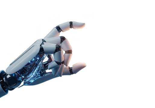 Close up of a futuristic robotic hand with glowing blue internal components gesturing or pointing, isolated on transparent background