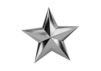 Shiny silver metallic fivepointed star emblem or badge isolated on transparent background for award or achievement concept