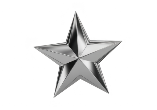 Shiny silver metallic fivepointed star emblem or badge isolated on transparent background for award or achievement concept