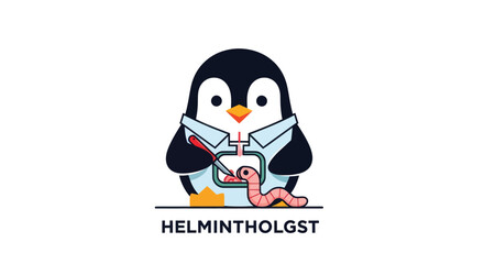 Animated penguin wearing a surgical gown, holding a scalpel, operating on a worm