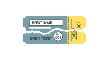 Torn event ticket with stub, light blue and yellow design, "Event Name", "Event Ticket", and seat 001 noted