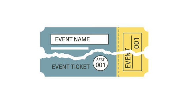 Torn event ticket with stub, light blue and yellow design, "Event Name", "Event Ticket", and seat 001 noted