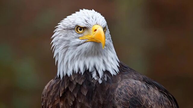 A striking close-up shot captures the intense gaze of a magnificent raptor, featuring its distinctive white head feathers, powerful yellow beak, and piercing golden eyes. The detailed plumage of its b