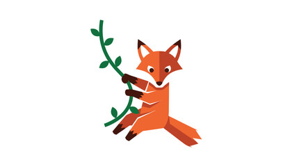 Stylized fox dangling from leafy branch