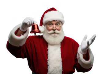 Cheerful santa claus in red suit and white beard ringing a small brass bell, isolated on transparent background