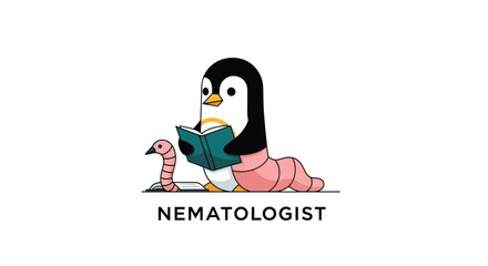 Cute cartoon Penguin-worm hybrid reading, with a worm also reading. 