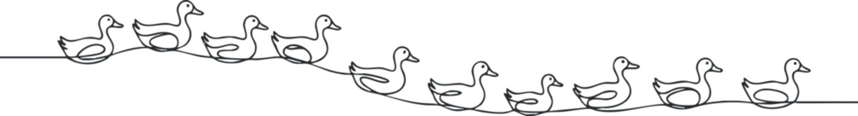 Obraz premium Minimalist line art vector illustration of a group of ducks swimming in a row for nature-themed design projects