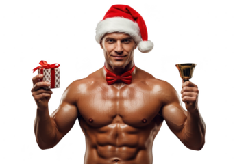 Muscular shirtless man wearing a santa hat and bow tie holding a small gift and a bell, isolated on transparent background