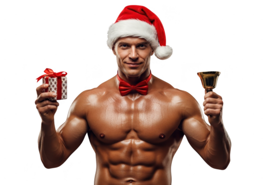 Muscular shirtless man wearing a santa hat and bow tie holding a small gift and a bell, isolated on transparent background