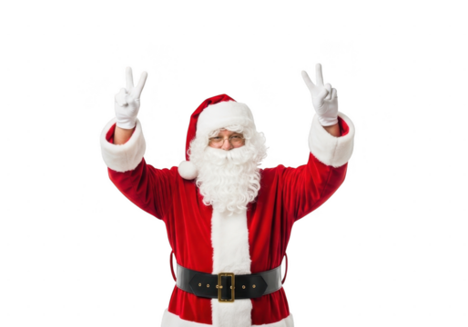 Joyful santa claus character wearing red suit and white beard making peace sign gesture with both hands isolated on transparent background