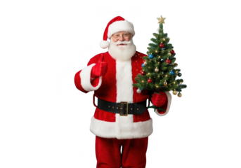 Cheerful santa claus character holding a small decorated christmas tree and giving a thumbs up gesture, isolated on transparent background