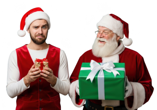 Young man wearing santa hat looking confused while holding small gift next to older man dressed as santa claus holding large present, isolated on transparent background