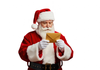 Santa claus reading a golden envelope or letter with a serious expression, isolated on transparent background