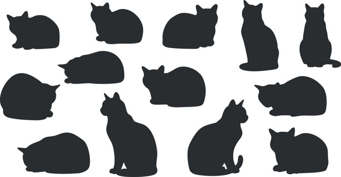 Collection of minimalist black cat silhouettes featuring various poses, ideal for pet-related design projects and branding.