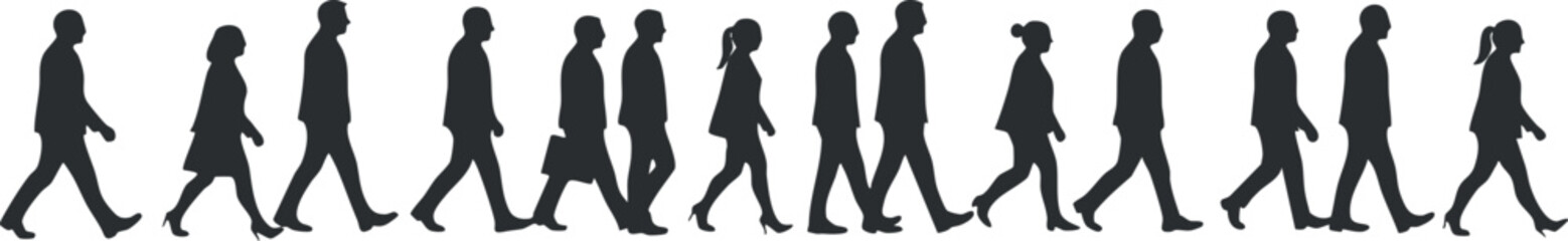 Silhouette vector illustration of diverse walking people figures, ideal for social, urban design projects and graphic applications