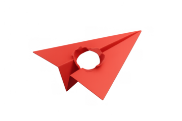 Red paper plane with a large hole in its body, representing concepts of business problems, damage, risk, and challenges. Transparent background