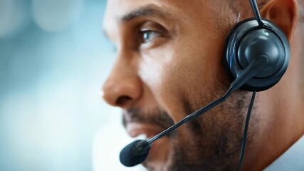 Man with headset focused business call. Close up of male customer service agent looking away during online communication. - Powered by Adobe