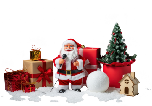 Figurine of santa claus holding a microphone surrounded by christmas gifts, a miniature tree, and a decorative ball isolated on transparent background
