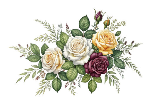 Beautiful watercolor bouquet of yellow, white, and deep red roses with green foliage isolated on transparent background