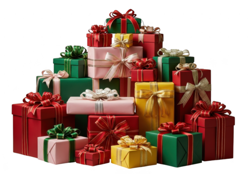 A large pile of assorted colorful christmas gift boxes wrapped with ribbons and bows, isolated on transparent background