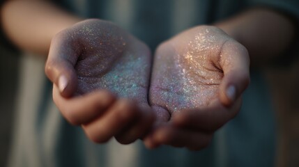 Fototapeta premium Pair of hands cupped together, with the palms facing upwards. the hands are covered in a glittery, iridescent substance, which appears to be a mix of pink, blue, and purple hues.