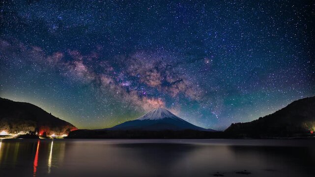 Milky Way Rising Above Snow-Capped Mt. Fuji from Lake Shojiko &ndash; Timelapse Night to Blue Hour &ndash; Fixed Black Crush, Noise Reduced &ndash; 4K HDR Astrophotography Japan