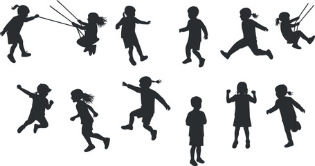 Dynamic silhouette vector illustration of playful children engaging in various activities such as jumping, swinging, and running, ideal for design and branding projects.