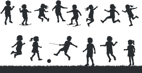 Dynamic silhouette vector illustration of children engaging in various sports and activities for playful design projects