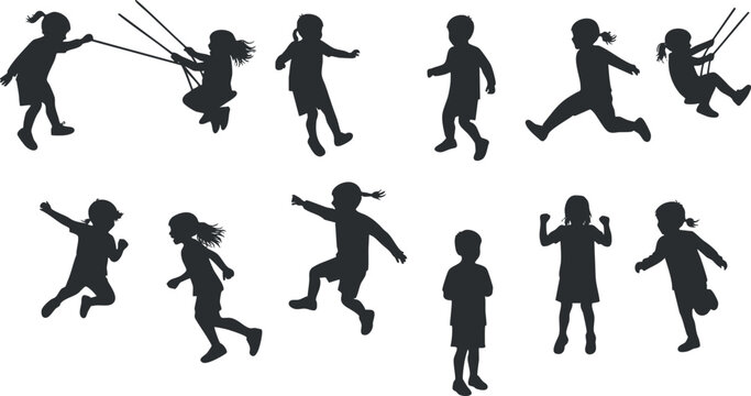 Dynamic silhouette vector illustration of playful children engaging in various activities such as jumping, swinging, and running, ideal for design and branding projects.