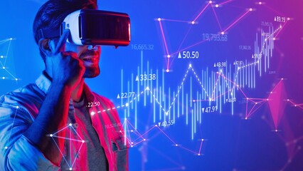 A young man interacts with virtual reality technology to explore and analyze dynamic financial data represented by colorful graphs and metrics, creating an engaging experience. Raster