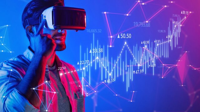 A young man interacts with virtual reality technology to explore and analyze dynamic financial data represented by colorful graphs and metrics, creating an engaging experience. Raster