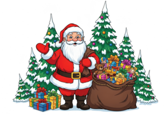 Cheerful cartoon santa claus standing next to a large sack full of colorful gifts and a stack of presents with snowy pine tree forest background, isolated on transparent background